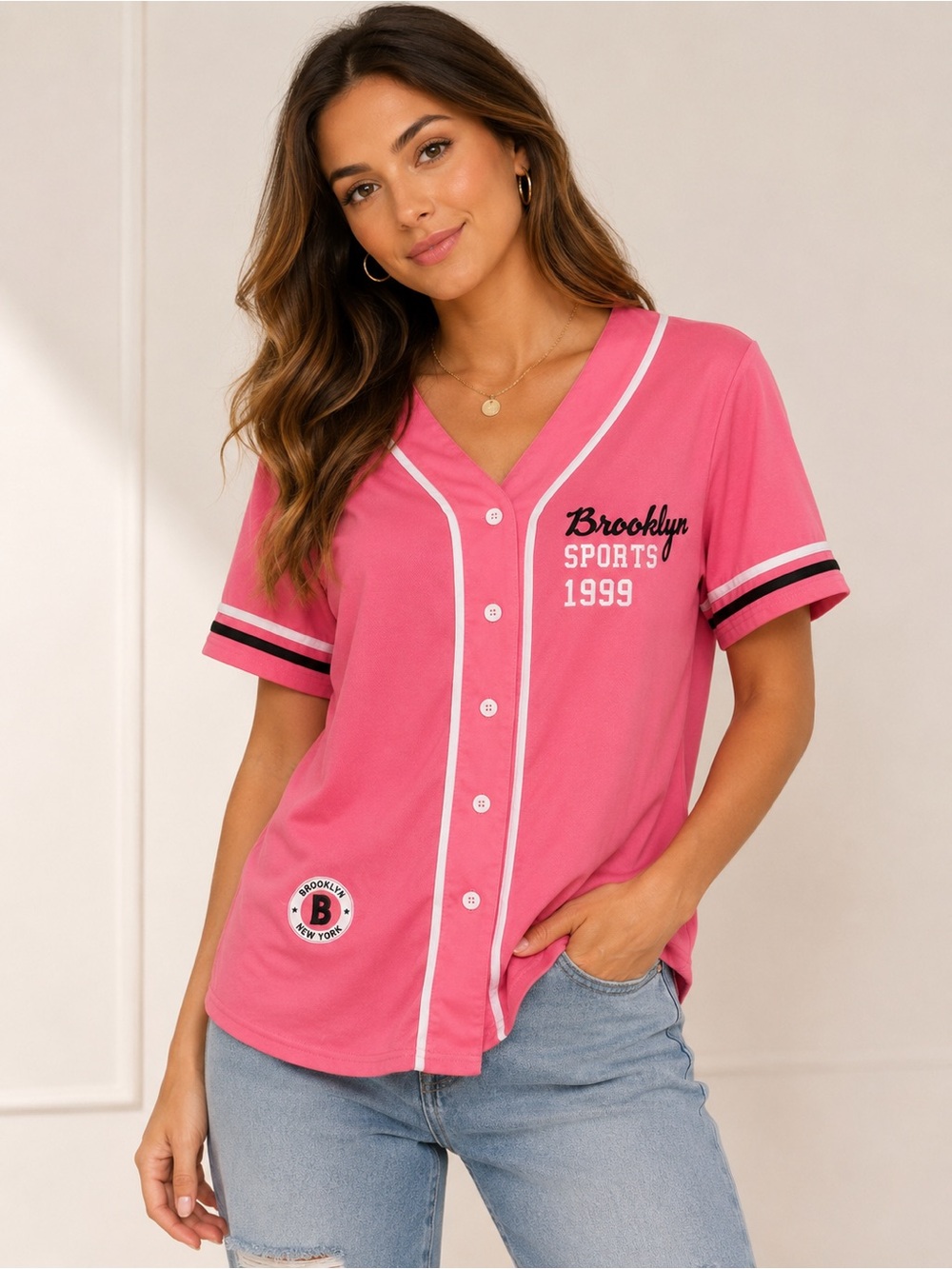 Hot Pink V-Neck Baseball Jersey with Contrast Trim